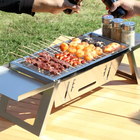 🔥Clearance Price🔥Portable Camping BBQ Grill 3 Hight Adjustable Stainless Steel Folding Charcoal Backpacking Stove with Grill Gloves Carry Bag