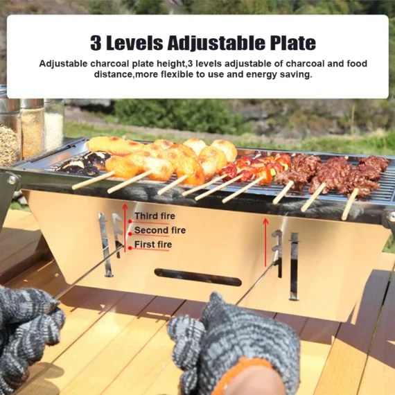 🔥Clearance Price🔥Portable Camping BBQ Grill 3 Hight Adjustable Stainless Steel Folding Charcoal Backpacking Stove with Grill Gloves Carry Bag