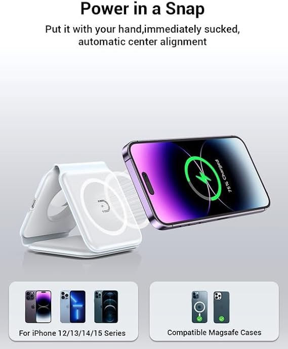 Wireless Charger, Magnetic Foldable 3 in 1 Mag-Safe Charger, Fast Travel Wireless Charging Station for iPhone 15/14/13/12/ Series,for iWatch,for AirPods (Adapter Included)